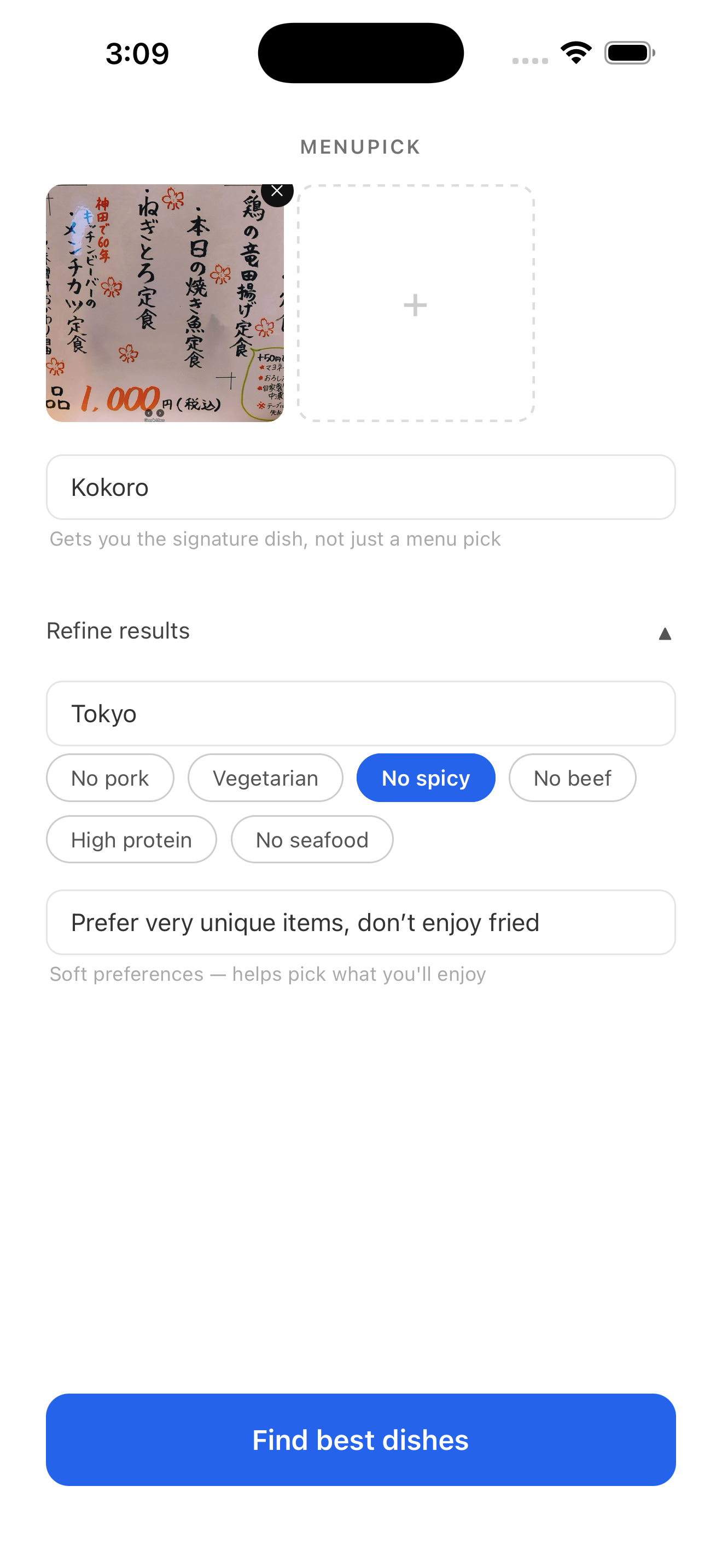 MenuPick input screen with dietary filters and free-form preference field